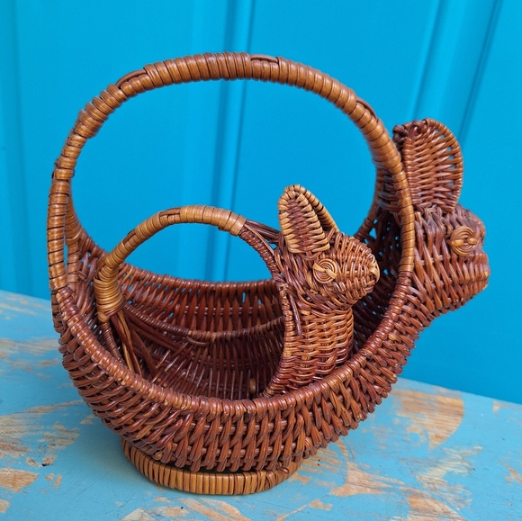 2 Vintage Wicker Basket Art Bunny Rabbit Woven Basket Animal Boho Easter Decor - Picture 13 of 16